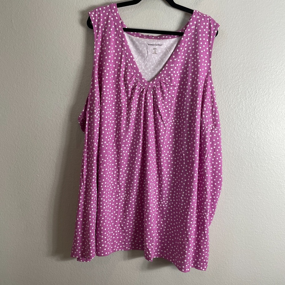 NEW Woman Within Plus 5X Lilac Polka Dot Pleated V‎ Neck Sleeveless Tank Top